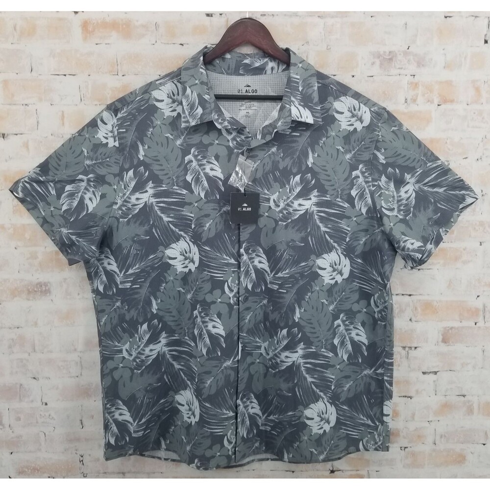 NWT 01.ALGO Performance‎ Shirt Button Up Short Sleeve Green Floral Men's XXL UPF